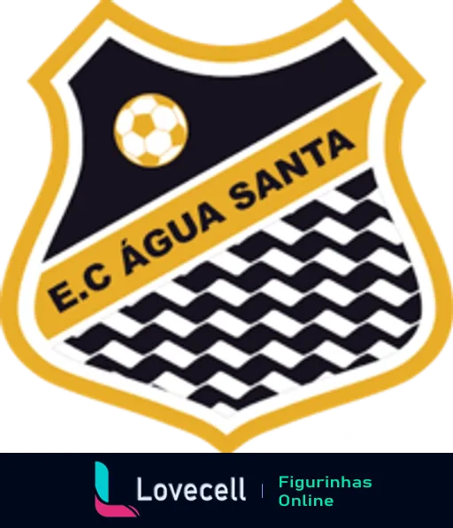 Escudo do Esporte Clube Água Santa com fundo preto, detalhes brancos e dourados, bola de futebol e padrão ondulado representando água