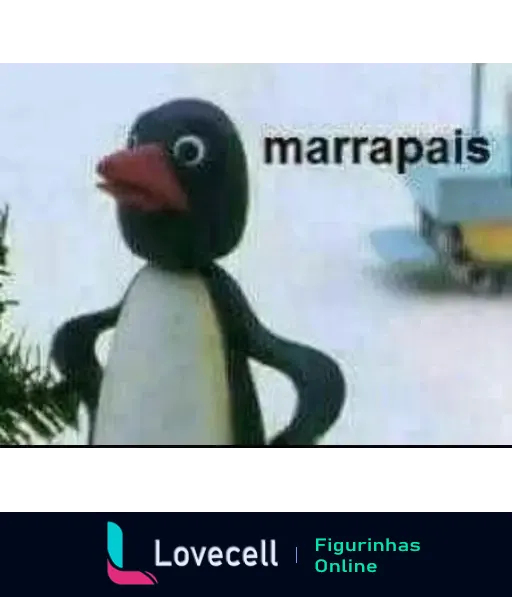 Imagem de um pinguim animado com expressão de surpresa e as mãos na cintura. No fundo, há um cenário de neve e um trenó azul. Texto visível: 'marrapais'.