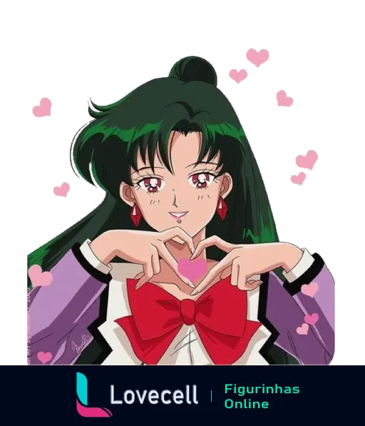 Sailor Pluto com cabelo verde e uniforme, faz um coração com as mãos, cercada de corações, expressando amor.