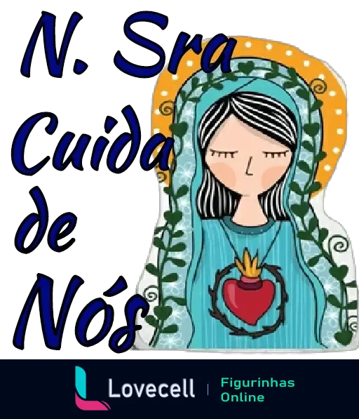 Figurinha de Nossa Senhora com a inscrição 'N. Sra Cuida de Nós'. Arte em estilo cartoon com fundo transparente. Pasta 'amém'.