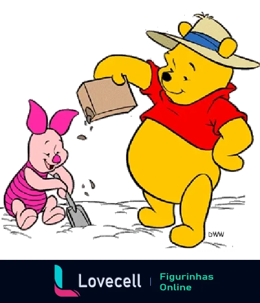 Imagem do Ursinho Pooh sorrindo e segurando um balde enquanto Piglet, seu amigo, cava no chão. Ambos parecem estar se divertindo.