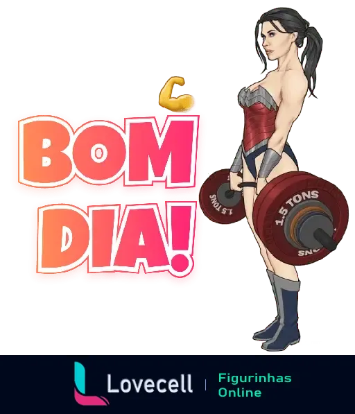 Figura de uma mulher forte e fitness vestida como super-heroína levantando halteres pesados com texto animado 'Bom Dia'.