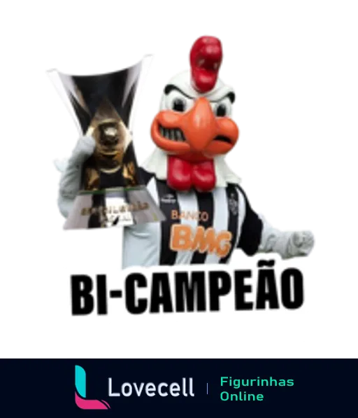 Figurinha do Atlético MG com mascote galo segurando troféu dourado inscrito 'Bi-Campeão' sobre fundo de triângulo preto e branco