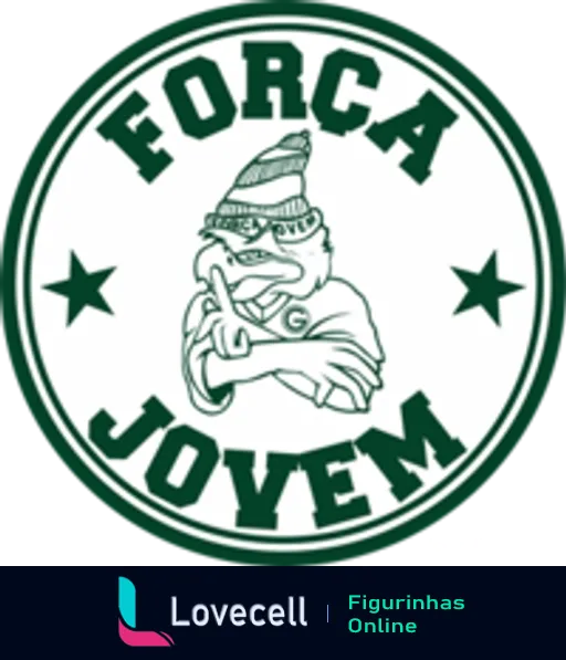 Emblema da Força Jovem, torcida do Goiás Esporte Clube, com mascote segurando bandeira, vestido com uniforme do time, ranger emojis, duas estrelas e nome destacado sobre fundo verde