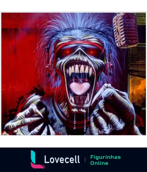 Figurinha estilo capa de álbum 🎨Iron Maiden cover🎨 mostrando Eddie em uma pose sinistra com dentes afiados e microfone.