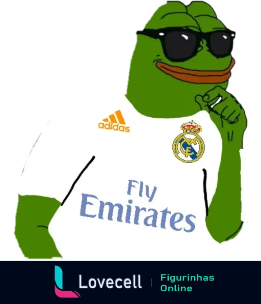 Sapo Pepe, com óculos escuro e camisa do Real Madrid, com logo da Adidas e patrocínio Fly Emirates.