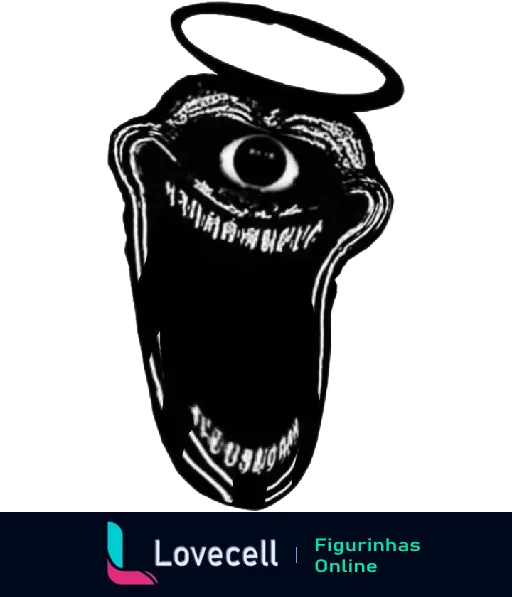 Figurinha Troll Face mostrando um rosto distorcido com um olho único e uma auréola flutuante acima, em preto e branco.