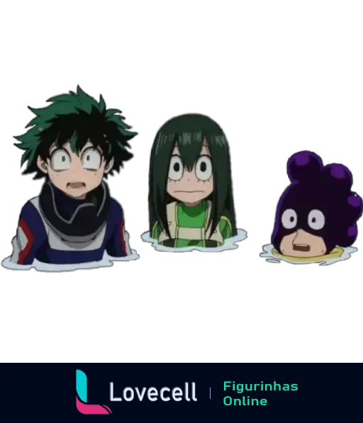 Figurinha com personagens de Boku No Hero Academia em expressão surpresa: cabelo verde, menina de cabelo longo e figura com cabelo roxo.