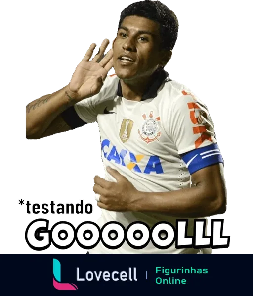 Jogador do Corinthians comemorando gol, levantando três dedos e gritando, com a palavra 'Gooooolll' destacada na parte superior