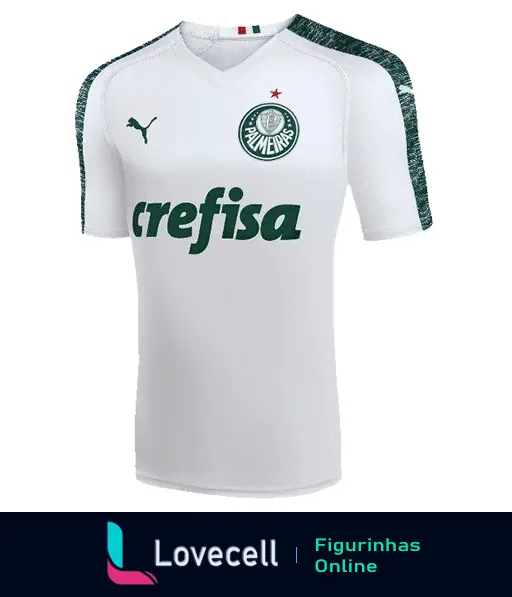 Camisa branca do Palmeiras com logo central, patrocínio da Crefisa, logo da PUMA no ombro direito, e detalhes verde e branco nas mangas