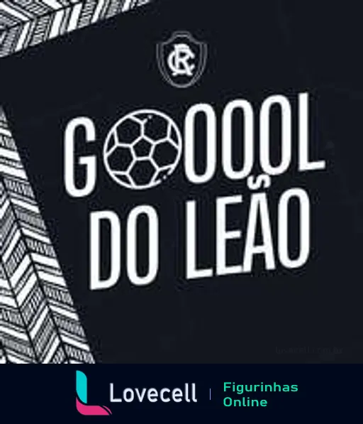 Figurinha com slogan 'Gool do Leão', emblema do Clube do Remo e bola de futebol sobre fundo escuro com padrões geométricos