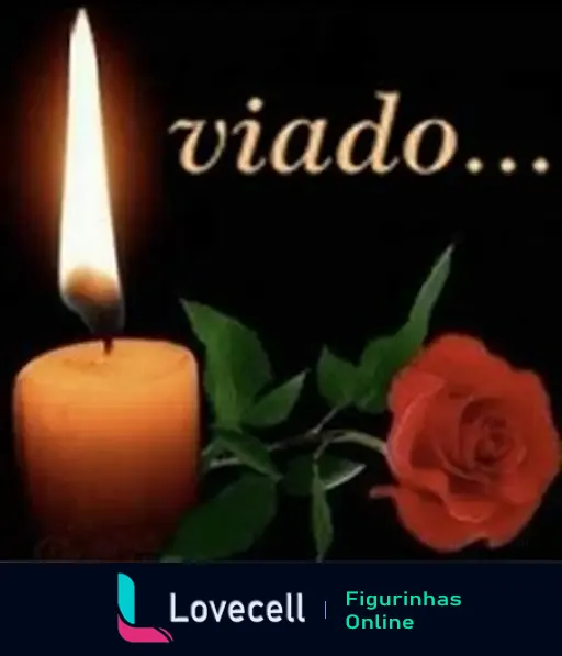 Imagem com uma vela acesa ao lado de uma rosa e o texto 'viado...' em letras brancas sobre um fundo preto.