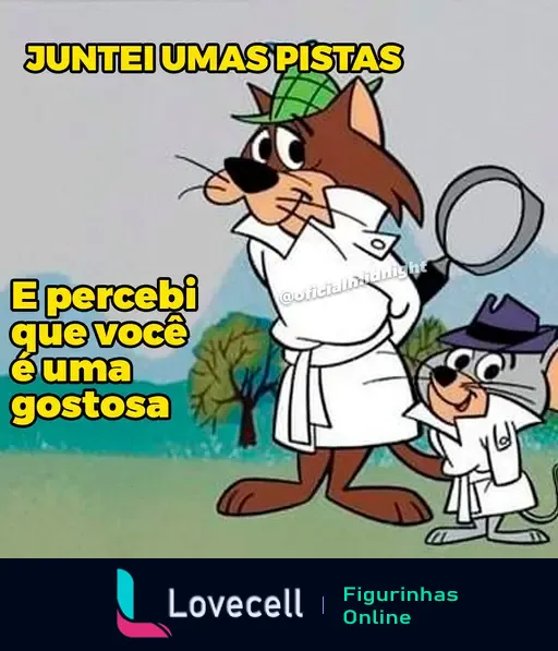 Dois gatos antropomórficos usando roupas de detetive e mafioso em cenário de desenho animado. Texto na imagem: 'JUNTEI UMAS PISTAS e percebi que você é uma gostosa'. Marcação: '@oficialmidnight'.