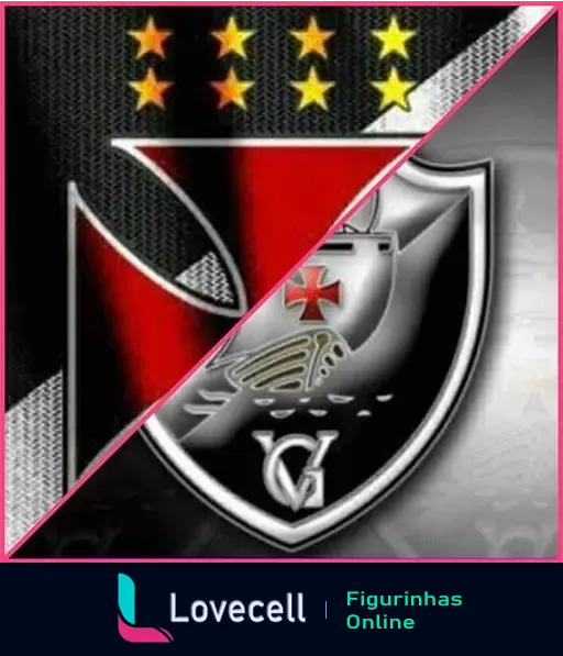 Figurinha com divisão diagonal mostrando à esquerda o escudo do São Paulo Futebol Clube com cinco estrelas amarelas e à direita o escudo do Vasco da Gama em preto e prata