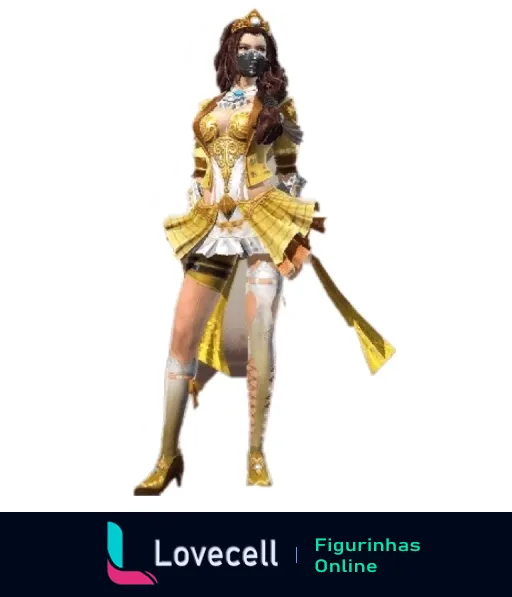 Figurinha de WhatsApp de personagem feminina de Free Fire em traje dourado e branco com máscara e espada, pronta para batalha, fundo transparente