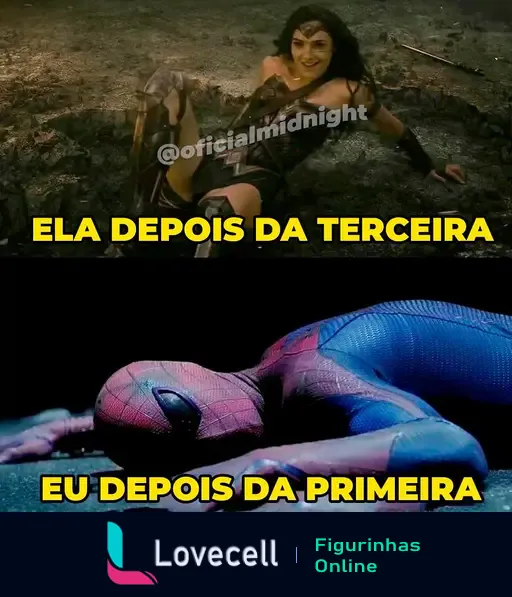 Montagem com duas cenas de filmes de super-heróis. Texto: 'ELA DEPOIS DA TERCEIRA' com personagem feminina sorrindo e 'EU DEPOIS DA PRIMEIRA' com personagem masculina deitado no chão. Marca d'água: '@oficialmidnight'.