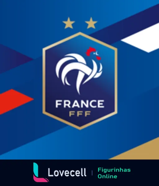 Emblema da Federação Francesa de Futebol com galo estilizado em azul, branco e vermelho, e duas estrelas representando vitórias em Copas do Mundo