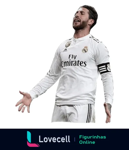 Jogador do Real Madrid comemorando gol em uniforme com logo da Fly Emirates, expressando alívio e exaltação