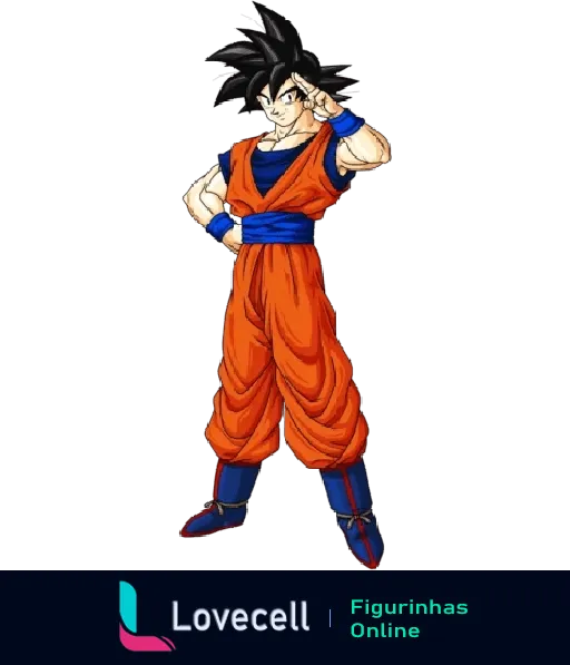 Personagem Goku saudando, com roupa de artes marciais laranja e azul, reconhecível do anime Dragon Ball Z.