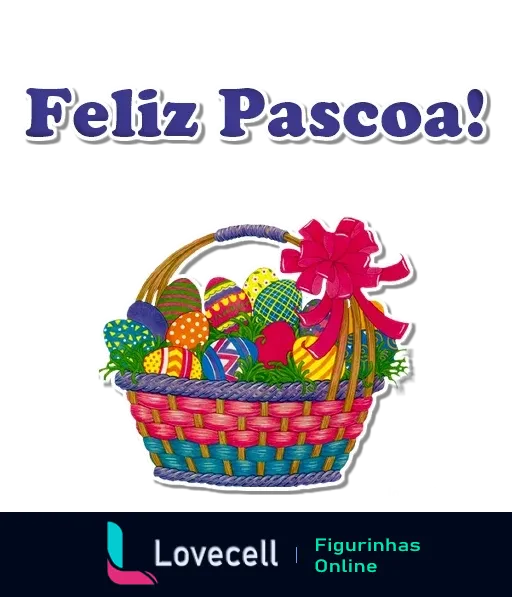 Cesta colorida com ovos de Páscoa decorativos e fita vermelha, com a frase 'Feliz Páscoa!' em letras grandes e amigáveis