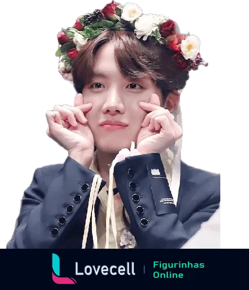 Membro do BTS fazendo uma pose fofa com os dedos no rosto, usando uma guirlanda de flores na cabeça.