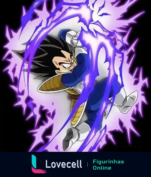 Imagem de Super Vegeta com traje azul e dourado, envolvido por uma intensa energia roxa, em pose de combate poderoso.