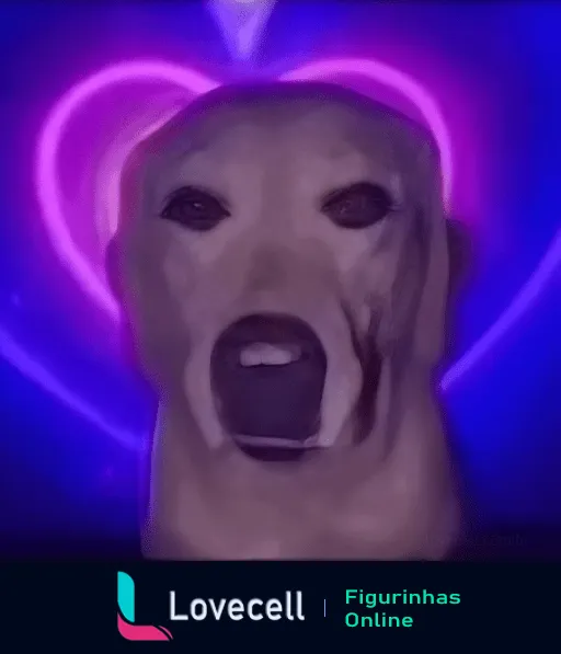 Imagem de um cão com expressão engraçada e fundo neon roxo e rosa em forma de coração. Ideal para enviar mensagens de amor e humor.