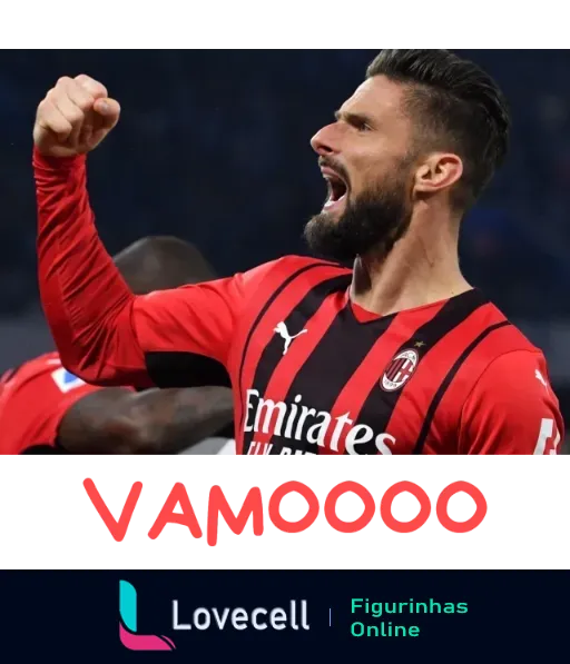 Figurinha do WhatsApp mostrando jogador do Milan comemorando com punho erguido e texto 'VAMOOOO' em vermelho