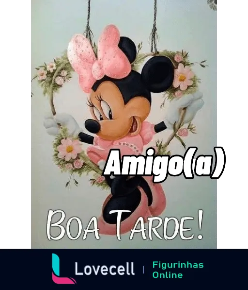 Figurinha de WhatsApp com Minnie Mouse usando traje rosa e faixa na cabeça pendurada em corda entre flores com texto 'Boa Tarde Amigo(a)'