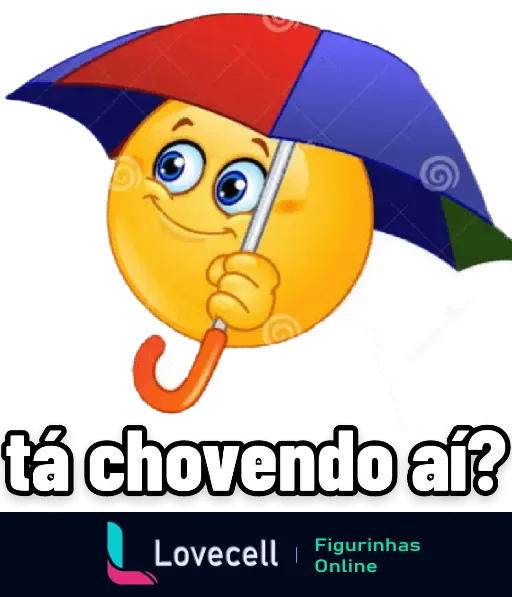 Emoji sorridente com guarda-chuva colorido e a frase 'Tá chovendo aí?'. Ideal para conversas sobre clima e previsão do tempo.