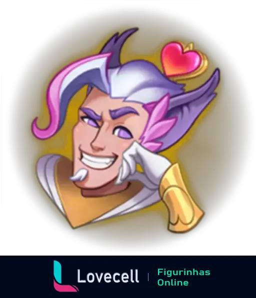 Emote de League of Legends com personagem sorrindo, cabelo roxo e branco, e um coração rosa brilhante acima da cabeça.