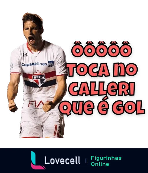 Jogador do São Paulo FC celebrando gol com uniforme tricolor e frase 'Óoooo toca no Calleri que é gol' e logo da Copa Airlines no peito