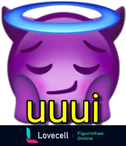 Figurinha de emoji roxo com chifres e halo azul, expressão de vergonha ou timidez com o texto 'uuui' em destaque, ideal para indiretas.