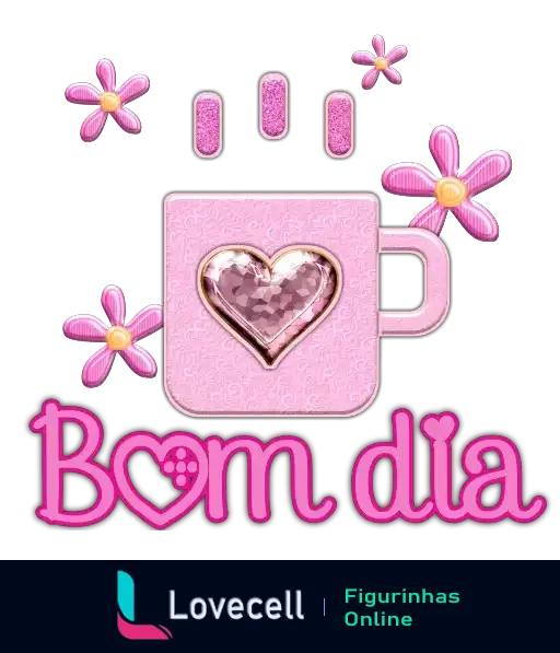 Figurinha de 'Bom Dia' com caneca cor-de-rosa e coração prateado brilhante, frase em letras rosas, três margaridas cor-de-rosa e detalhes brilhantes