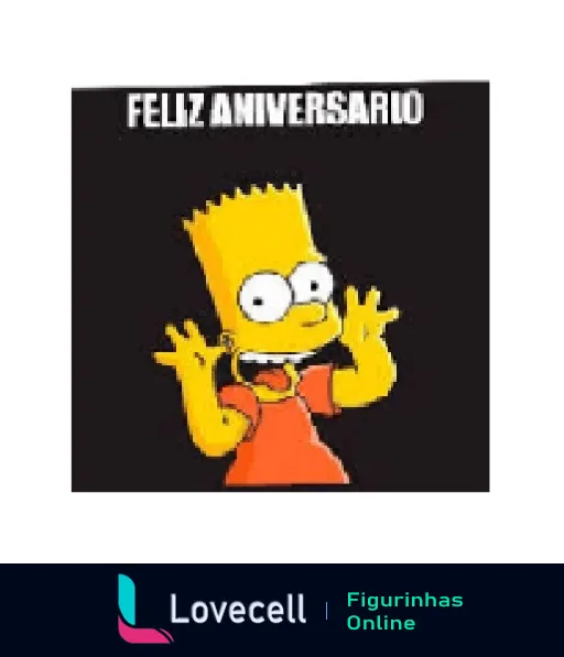 Figurinha de Feliz Aniversário com Bart Simpson surpreso e alegre, com a frase 'FELIZ ANIVERSARIO' em destaque