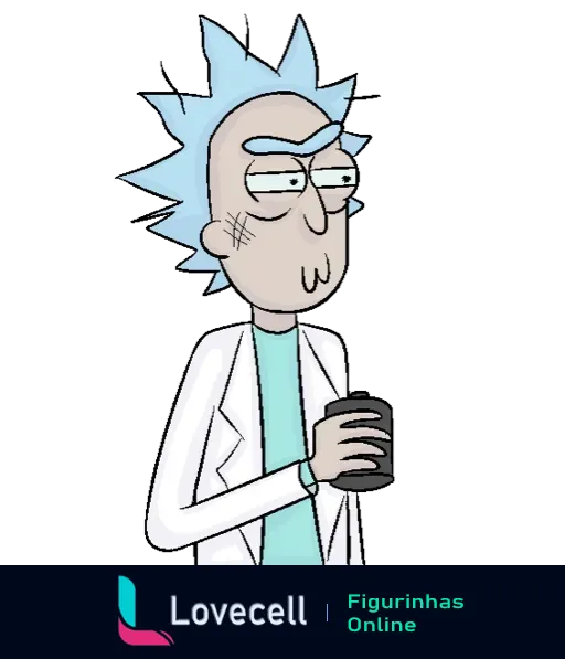 Rick Sanchez de 'Rick e Morty' segurando um copo de café, com expressão desinteressada, cabelo azul espetado e jaleco branco