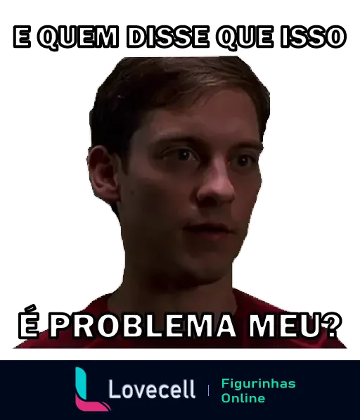 Figurinha do personagem Peter Parker com a frase 'E quem disse que isso é problema meu?' em destaque, expressando indiferença.