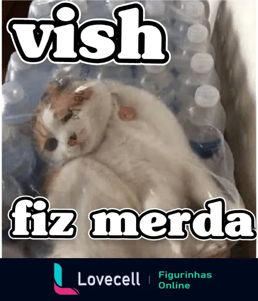 Gato branco com expressão surpresa enrolado entre garrafas de água com as palavras 'vish' e 'fiz merda'