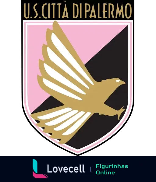 Brasão do time de futebol U.S. Città di Palermo em rosa, preto e dourado com uma águia dourada estilizada.