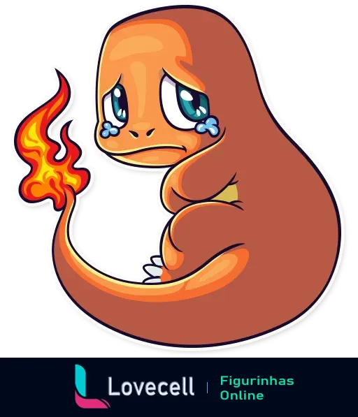 Charmander triste, com lágrimas nos olhos e fogo no rabo, exibindo uma expressão de tristeza em um estilo cartoon.