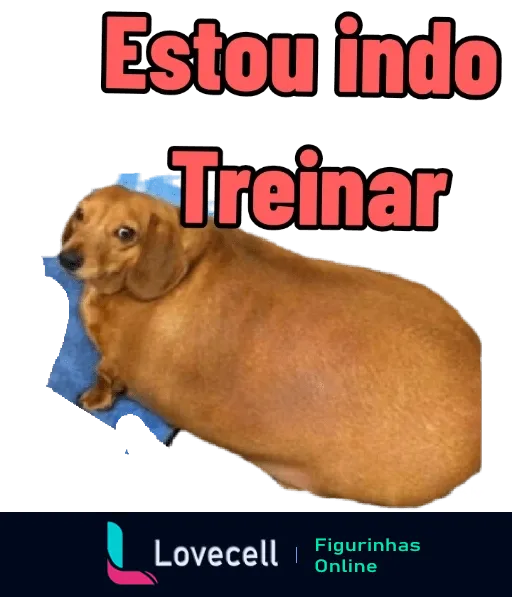 Figurinha de WhatsApp de um cachorro Dachshund salsichinha deitado sobre fundo azul com a frase 'Estou indo Treinar' em estilo motivacional e humorístico