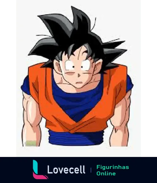 Personagem Goku de Dragon Ball Z com expressão surpresa, vestindo roupa laranja e azul, exibindo músculos definidos.