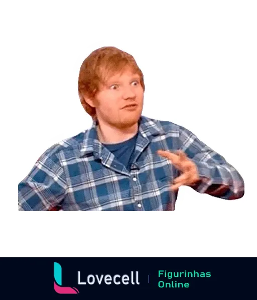 Figurinha do Ed Sheeran confuso, vestindo camisa xadrez, com cabelos ruivos e expressão de questionamento, sobre fundo neutro