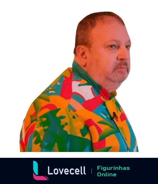 Figurinha do chef Jacquin com expressão séria, vestindo camisa floral colorida em vermelho, verde e amarelo, fundo neutro