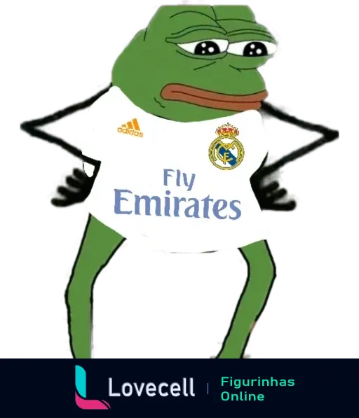 Figurinha do Sapo Pepe usando a camisa do Real Madrid da Adidas com aparência triste. A camisa exibe o patrocinador Fly Emirates.