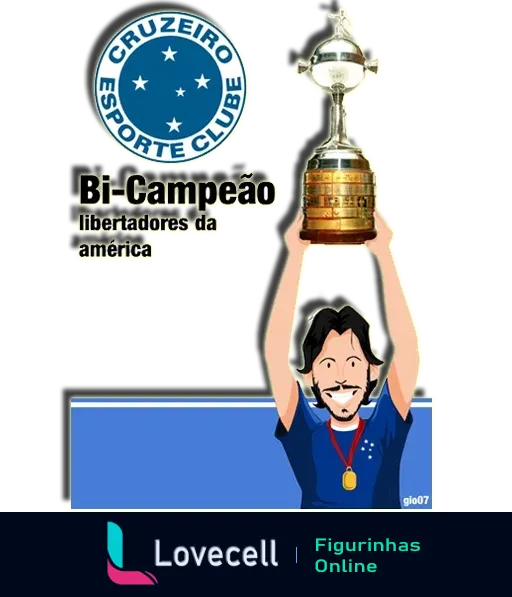 Personagem animado comemorando o bicampeonato da Libertadores da América pelo Cruzeiro, erguendo o troféu da competição.