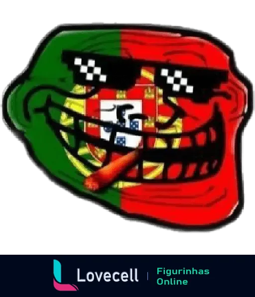 Figurinha engraçada com a famosa Troll Face nas cores da bandeira de Portugal, usando óculos escuros e segurando um cigarro.