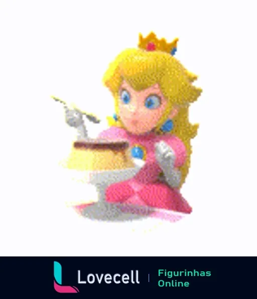 Figurinha da Princesa Peach comendo bolo de chocolate com expressões faciais que variam de surpresa a contentamento