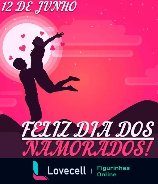 Casal celebrando o Dia dos Namorados sob lua cheia com corações, homem segurando mulher no ar com fundo rosa e vermelho