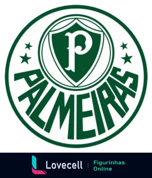 Escudo do Palmeiras com fundo verde e letra 'P' estilizada no centro, cercado por duas estrelas douradas